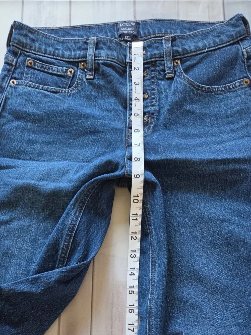 J. Crew Mid-Rise Flare Crop Jeans Women’s 26T, exposed button fly closure